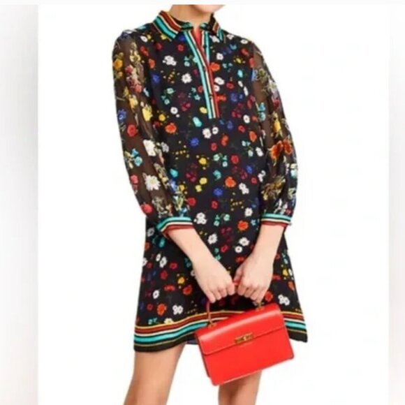 Alice & Olivia Lalita Dress Collared Blouson Botanical Ditsy Floral Black Small - Picture 4 of 10